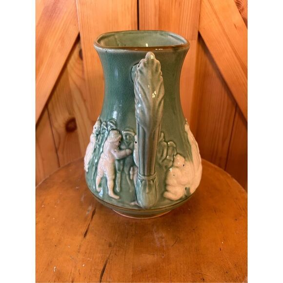 Vintage Glazed Pottery Majolica Figural 8-1/2" High Green Pitcher Japan (8877) - Picture 4 of 7